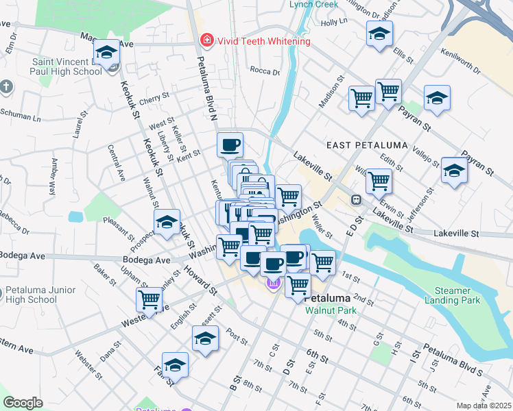 map of restaurants, bars, coffee shops, grocery stores, and more near in Petaluma