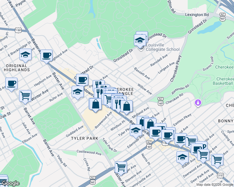 map of restaurants, bars, coffee shops, grocery stores, and more near in Louisville