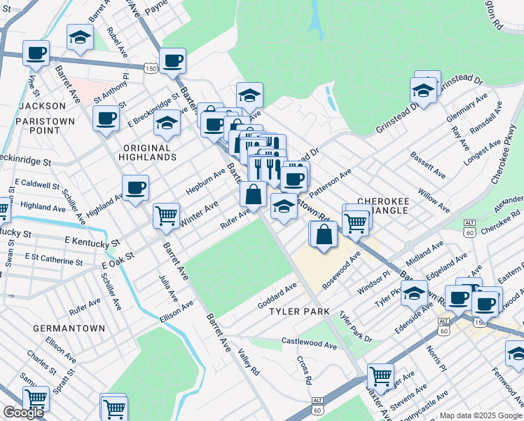 map of restaurants, bars, coffee shops, grocery stores, and more near 1110 Baxter Avenue in Louisville