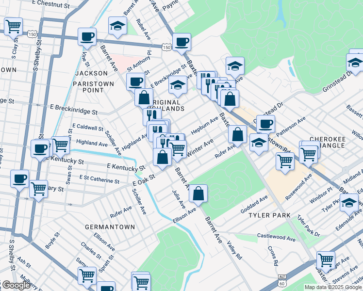 map of restaurants, bars, coffee shops, grocery stores, and more near 1329 Winter Avenue in Louisville
