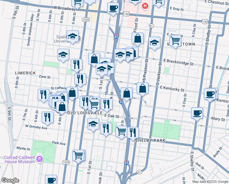 map of restaurants, bars, coffee shops, grocery stores, and more near 1102 South Brook Street in Louisville