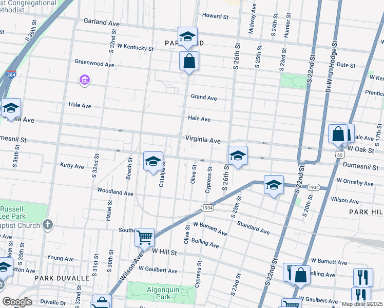 map of restaurants, bars, coffee shops, grocery stores, and more near 2733 Isaac Place in Louisville