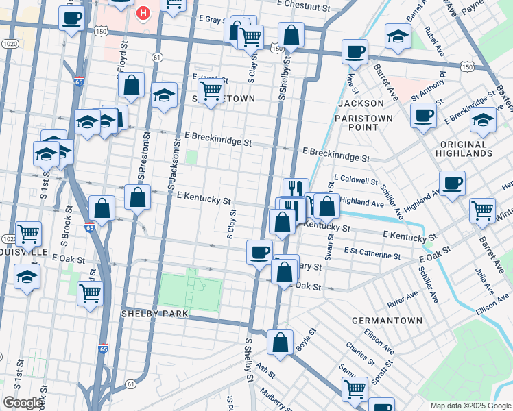 map of restaurants, bars, coffee shops, grocery stores, and more near East Kentucky Street in Louisville