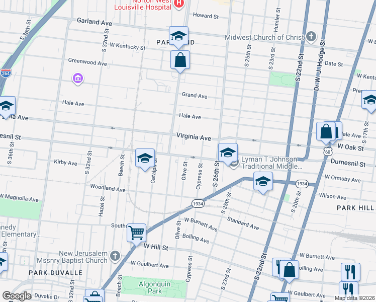 map of restaurants, bars, coffee shops, grocery stores, and more near 2725 Dumesnil Street in Louisville