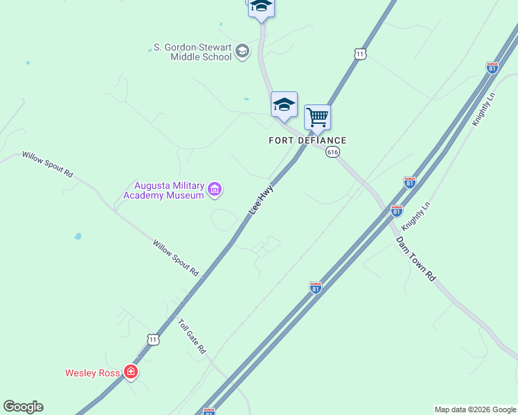 map of restaurants, bars, coffee shops, grocery stores, and more near 1609 Lee Highway in Fort Defiance