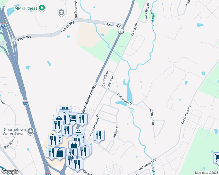 map of restaurants, bars, coffee shops, grocery stores, and more near 207 Tanbark Drive in Georgetown