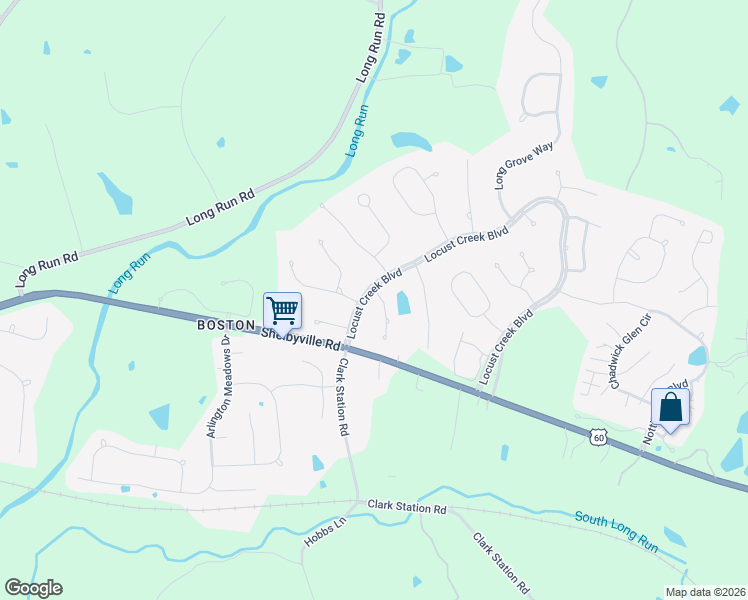map of restaurants, bars, coffee shops, grocery stores, and more near 18607 Treyborne Place in Louisville