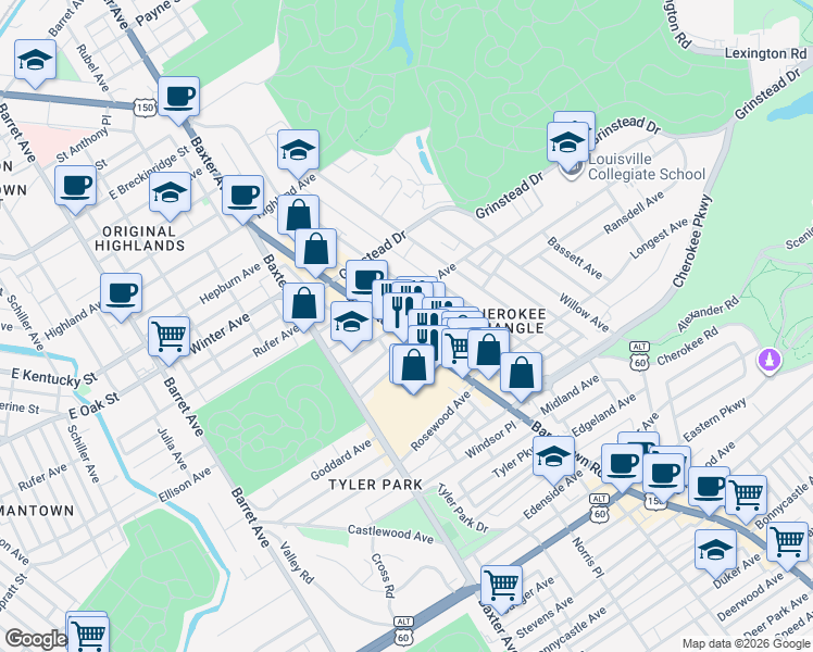 map of restaurants, bars, coffee shops, grocery stores, and more near 1231 Bardstown Road in Louisville