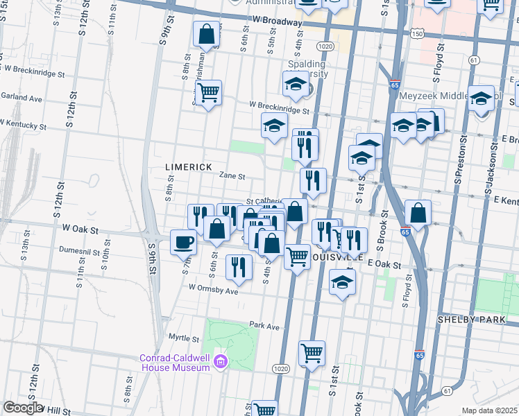 map of restaurants, bars, coffee shops, grocery stores, and more near 502 West Saint Catherine Street in Louisville