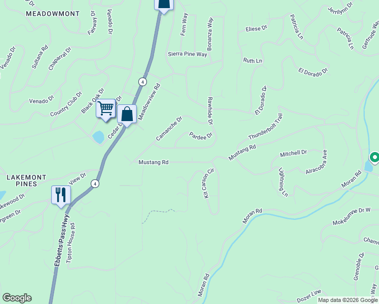 map of restaurants, bars, coffee shops, grocery stores, and more near 2253 Mustang Road in Arnold