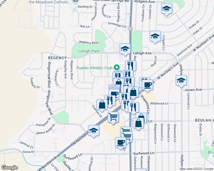 map of restaurants, bars, coffee shops, grocery stores, and more near 10 Nona Brooks Drive in Pueblo