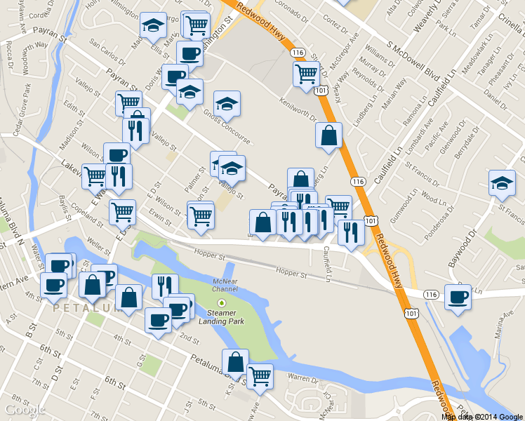 map of restaurants, bars, coffee shops, grocery stores, and more near 448 Lindberg Circle in Petaluma