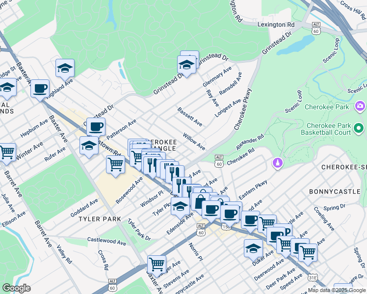 map of restaurants, bars, coffee shops, grocery stores, and more near 1319 Everett Avenue in Louisville