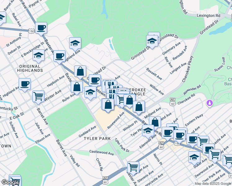 map of restaurants, bars, coffee shops, grocery stores, and more near 1275 Bardstown Road in Louisville