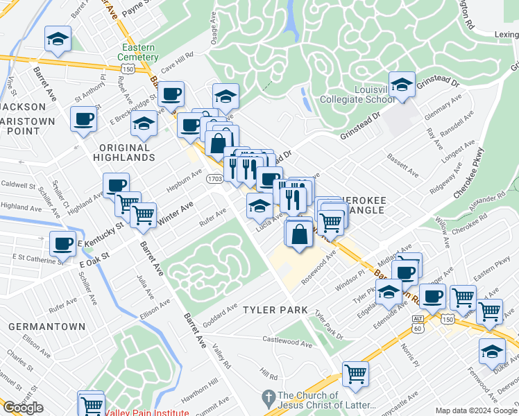 map of restaurants, bars, coffee shops, grocery stores, and more near 1610 Patterson Avenue in Louisville