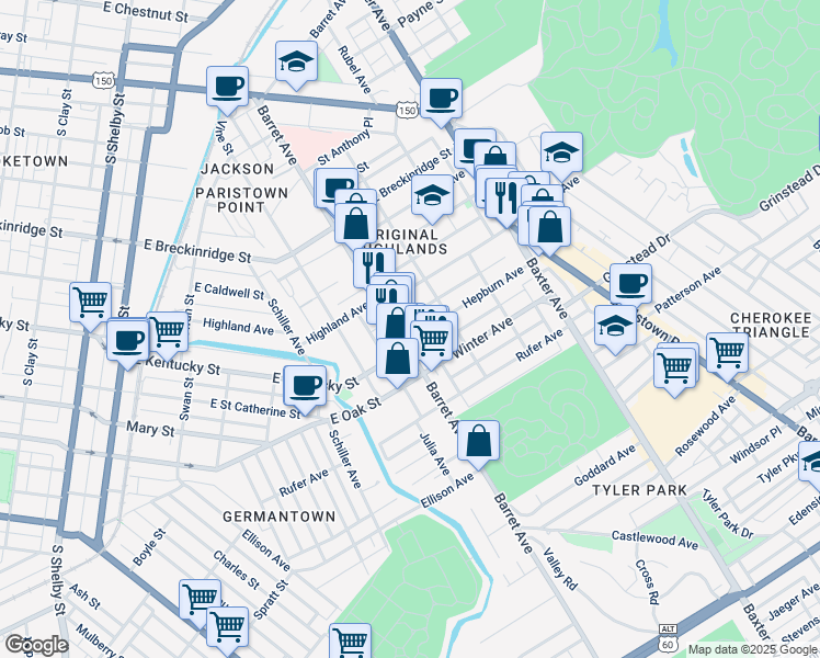 map of restaurants, bars, coffee shops, grocery stores, and more near 1013 Barret Avenue in Louisville