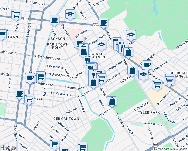 map of restaurants, bars, coffee shops, grocery stores, and more near 1013 Barret Avenue in Louisville