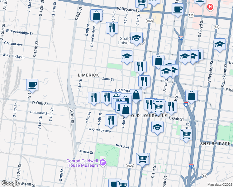map of restaurants, bars, coffee shops, grocery stores, and more near 1119 Garvin Place in Louisville