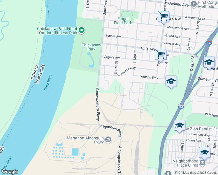 map of restaurants, bars, coffee shops, grocery stores, and more near 4261 Algonquin Parkway in Louisville