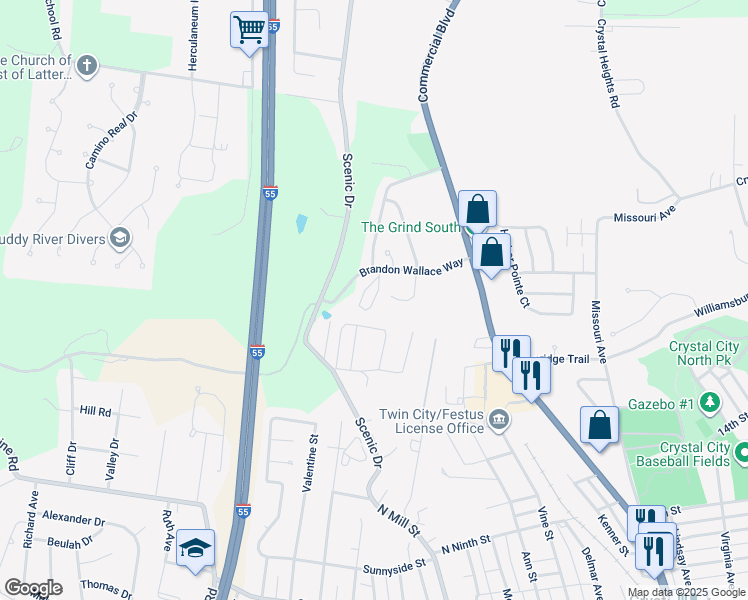 map of restaurants, bars, coffee shops, grocery stores, and more near 1832 Oak Drive in Festus