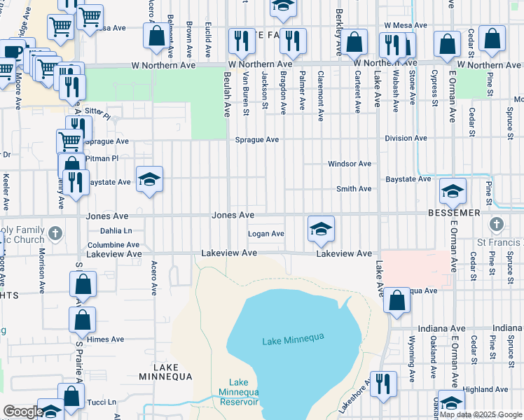 map of restaurants, bars, coffee shops, grocery stores, and more near 1801 Jones Avenue in Pueblo