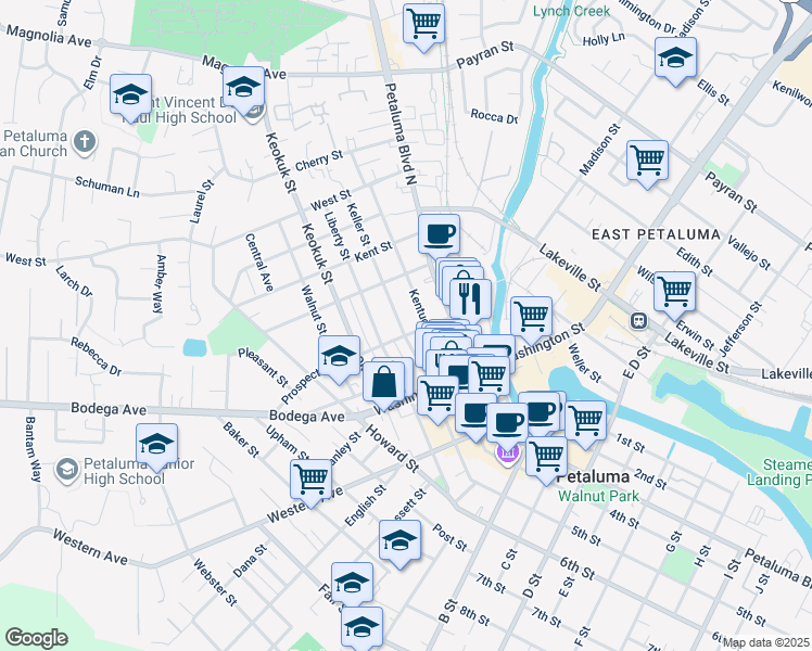 map of restaurants, bars, coffee shops, grocery stores, and more near 215 Prospect Street in Petaluma
