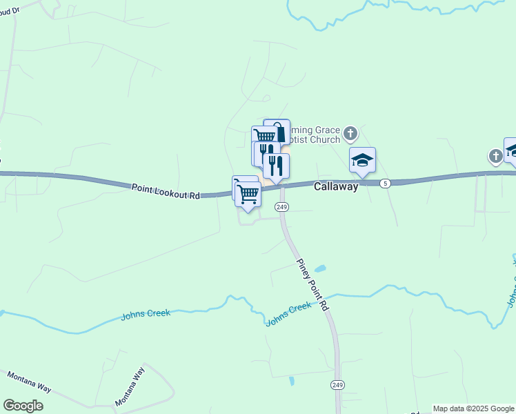 map of restaurants, bars, coffee shops, grocery stores, and more near 20975 Point Lookout Road in Callaway