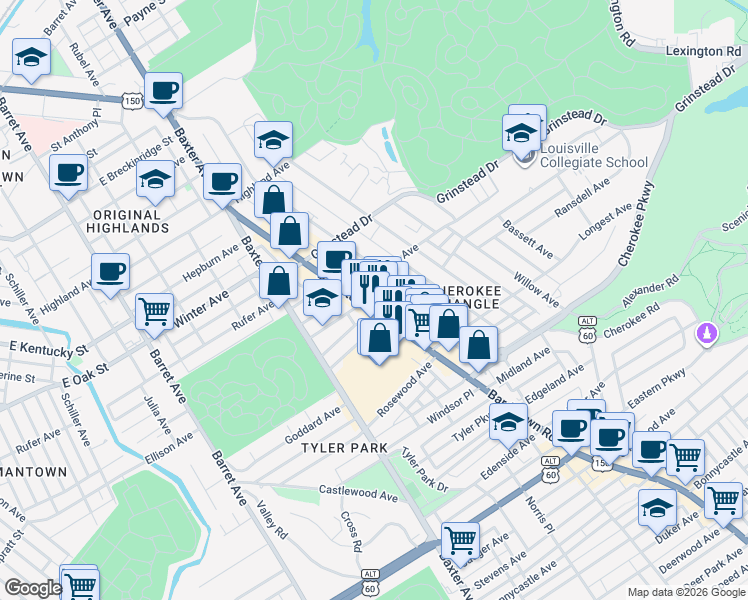 map of restaurants, bars, coffee shops, grocery stores, and more near 1241 Bardstown Road in Louisville