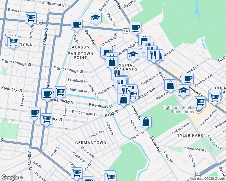 map of restaurants, bars, coffee shops, grocery stores, and more near 982 Brent Street in Louisville