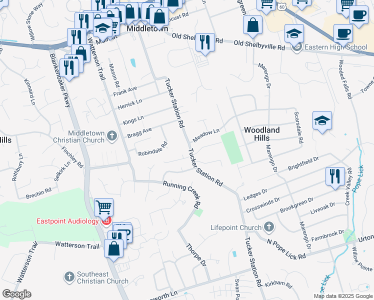 map of restaurants, bars, coffee shops, grocery stores, and more near in Woodland Hills