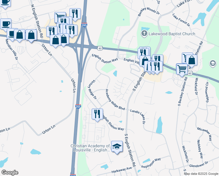 map of restaurants, bars, coffee shops, grocery stores, and more near 14230 Academy Ridge Boulevard in Louisville