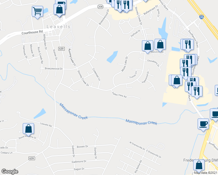 map of restaurants, bars, coffee shops, grocery stores, and more near 1804 Stoney Creek Drive in Fredericksburg