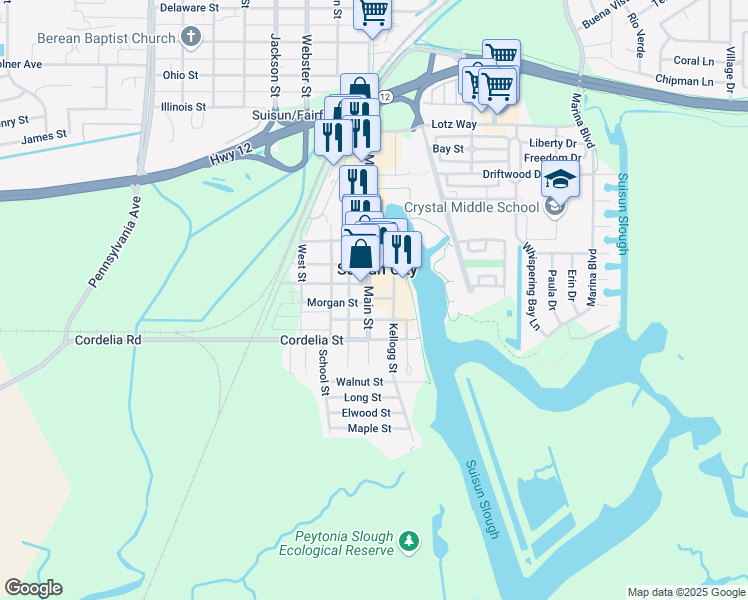 map of restaurants, bars, coffee shops, grocery stores, and more near 511 Line Street in Suisun City