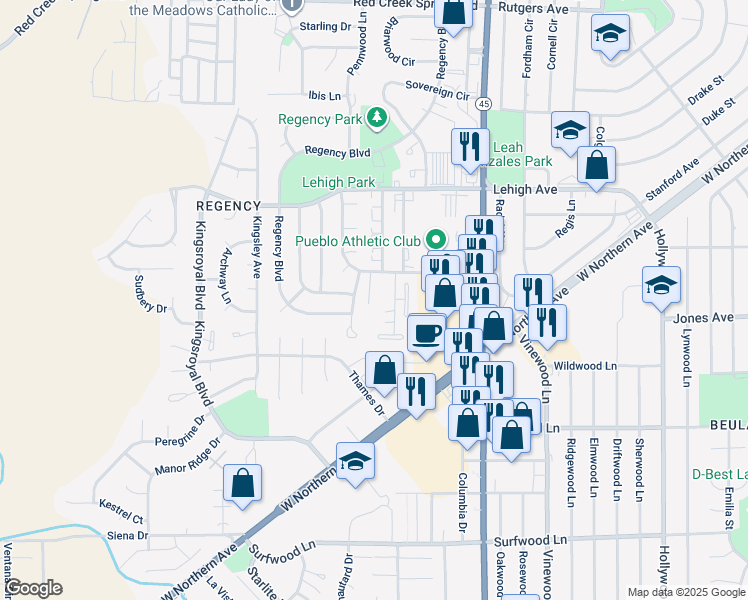map of restaurants, bars, coffee shops, grocery stores, and more near 43 Glenroyal Drive in Pueblo