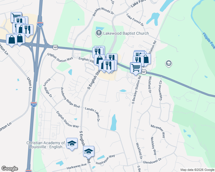 map of restaurants, bars, coffee shops, grocery stores, and more near 14600 Landon Court in Louisville
