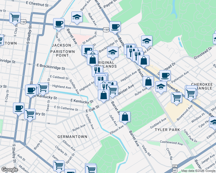 map of restaurants, bars, coffee shops, grocery stores, and more near 1013 Barret Avenue in Louisville