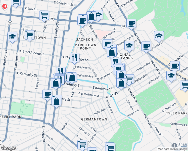 map of restaurants, bars, coffee shops, grocery stores, and more near 1062 Highland Avenue in Louisville