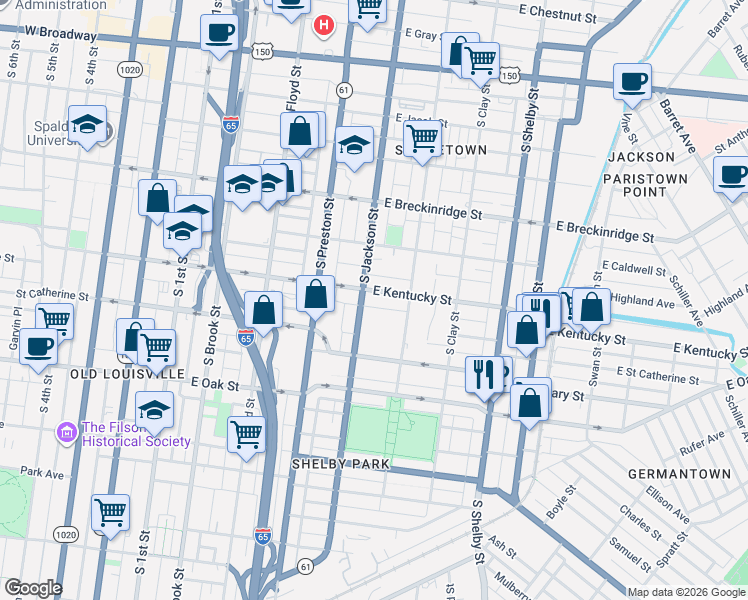 map of restaurants, bars, coffee shops, grocery stores, and more near 1022 South Hancock Street in Louisville