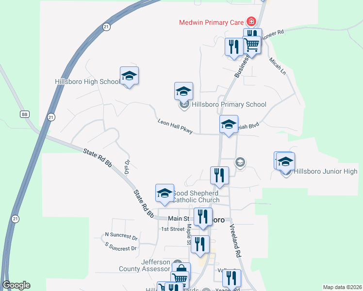 map of restaurants, bars, coffee shops, grocery stores, and more near 100 Leon Hall Parkway in Hillsboro