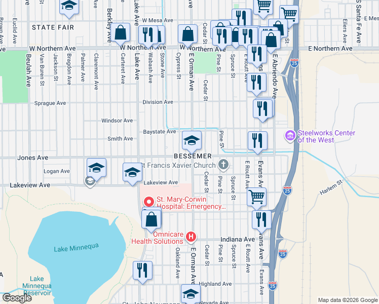 map of restaurants, bars, coffee shops, grocery stores, and more near in Pueblo