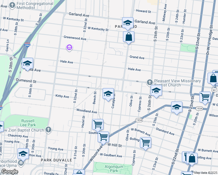 map of restaurants, bars, coffee shops, grocery stores, and more near 1308 Hemlock Street in Louisville