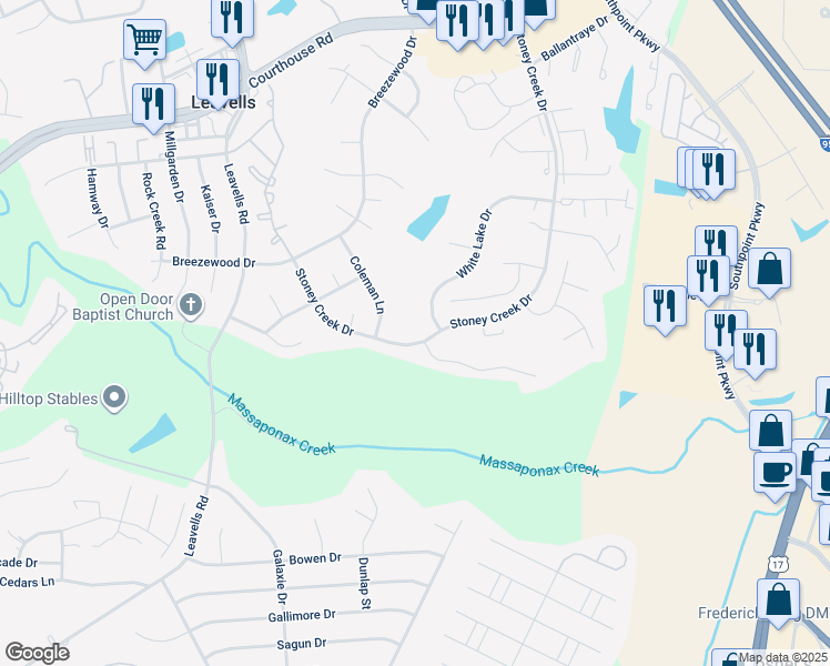 map of restaurants, bars, coffee shops, grocery stores, and more near 1804 Stoney Creek Drive in Fredericksburg