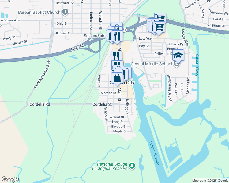 map of restaurants, bars, coffee shops, grocery stores, and more near 400 Morgan Street in Suisun City