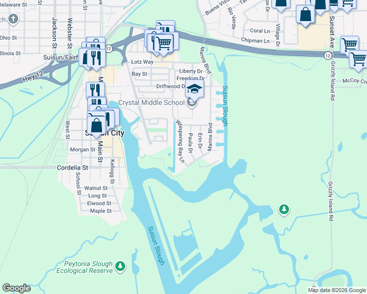 map of restaurants, bars, coffee shops, grocery stores, and more near 709 Whispering Bay Lane in Suisun City