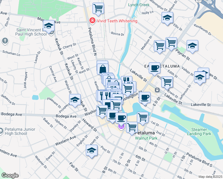 map of restaurants, bars, coffee shops, grocery stores, and more near 300 Water Street in Petaluma