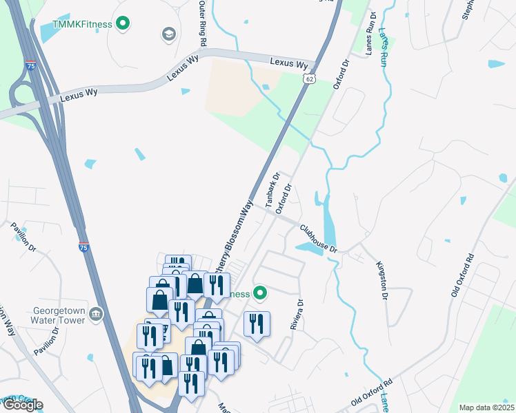 map of restaurants, bars, coffee shops, grocery stores, and more near 101 Timberland Way in Georgetown