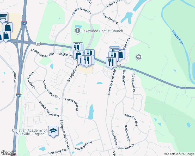 map of restaurants, bars, coffee shops, grocery stores, and more near 300 Shelby Station Drive in Louisville