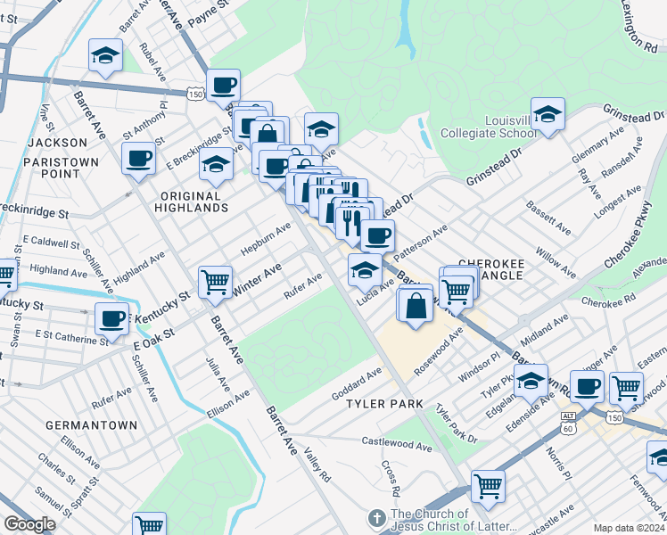 map of restaurants, bars, coffee shops, grocery stores, and more near 1609 Grinstead Drive in Louisville