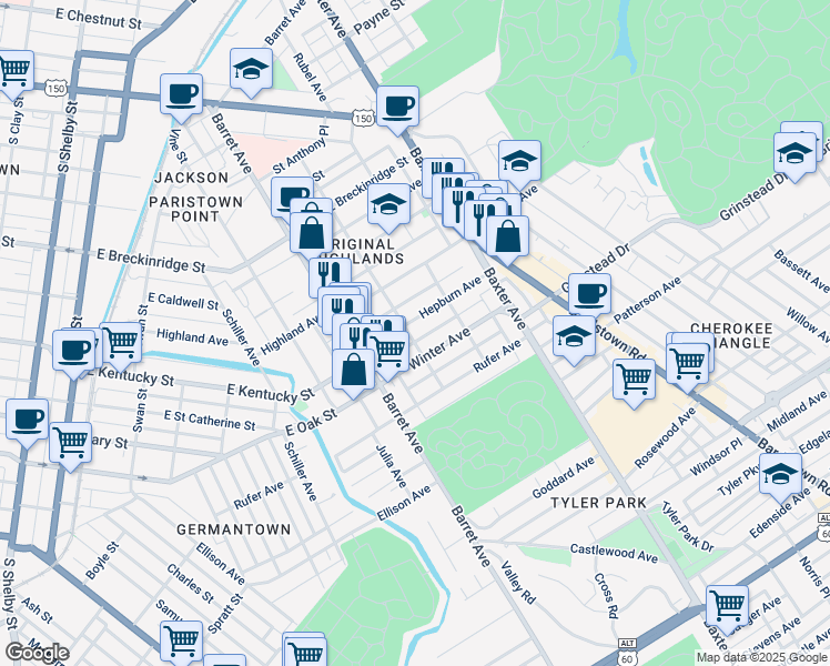 map of restaurants, bars, coffee shops, grocery stores, and more near 1409 Hepburn Avenue in Louisville