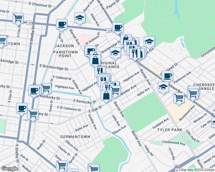 map of restaurants, bars, coffee shops, grocery stores, and more near 1322 Highland Avenue in Louisville